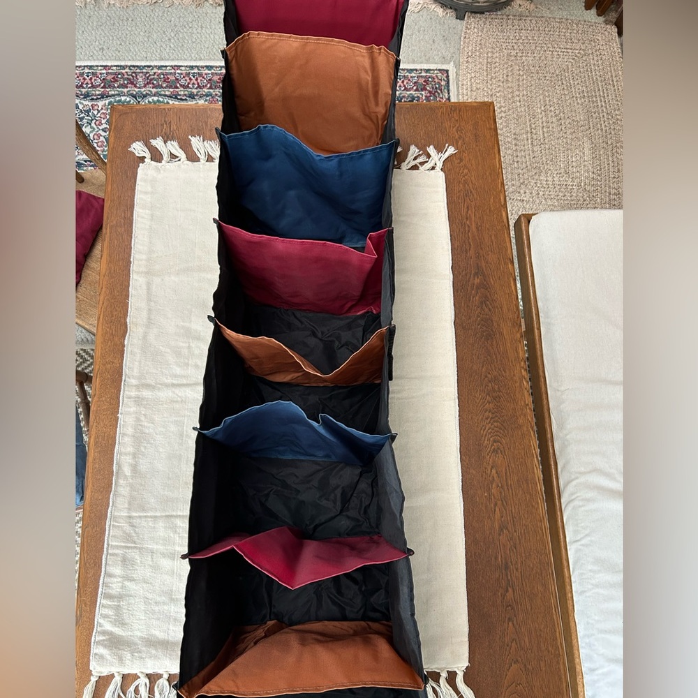 Hanging Organizer, Multicolor Lg Item, w/8 sections/shelves. Velcro Rod hanger.